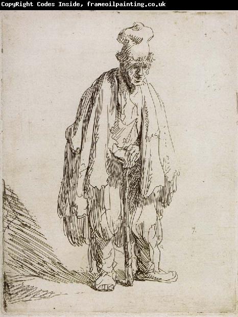 REMBRANDT Harmenszoon van Rijn Beggar in a high cap,Standing and Leaning on a stick